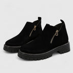 Black suede chunky ankle boots with gold side zip and lugged platform sole, angled view of both boots