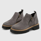Grey suede ankle boots with contrast tan welt stitching and chunky black lugged sole