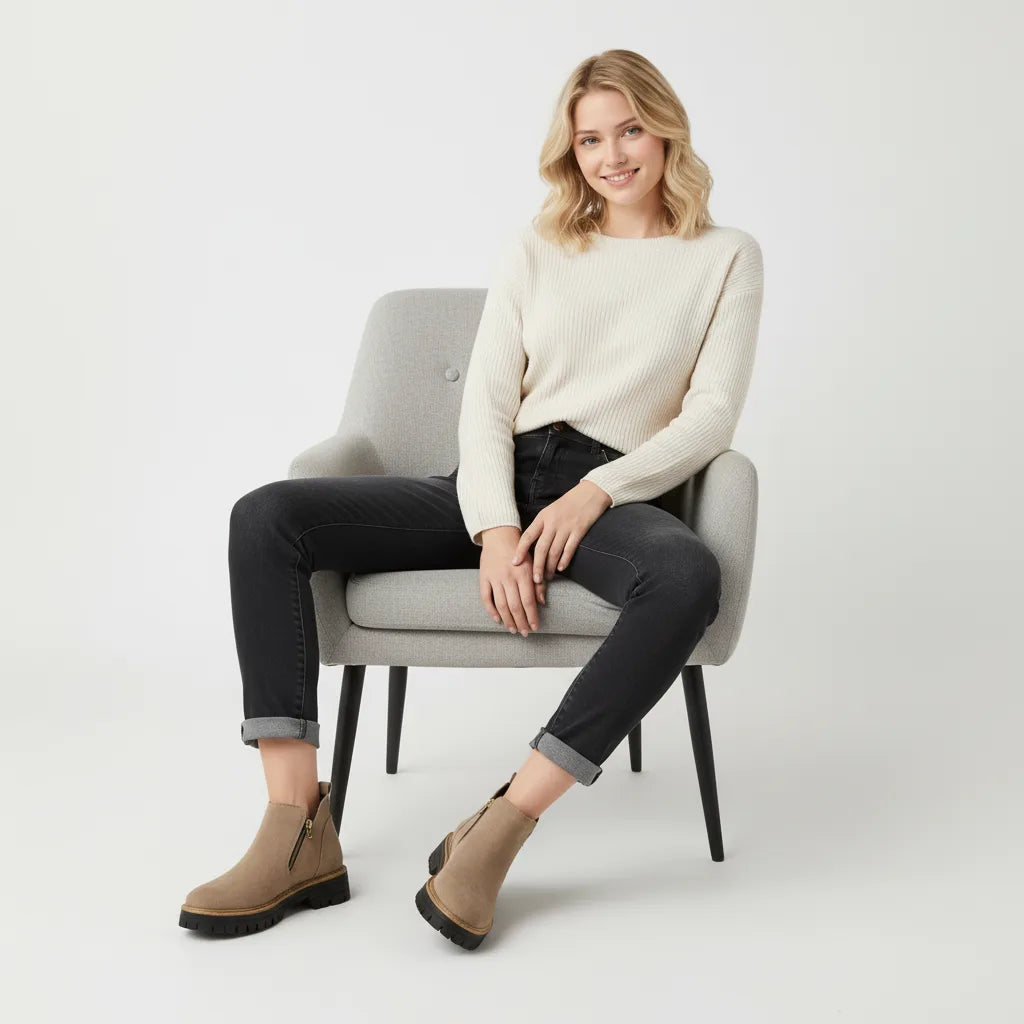 Model sitting on a chair wearing taupe suede ankle boots with black cropped jeans
