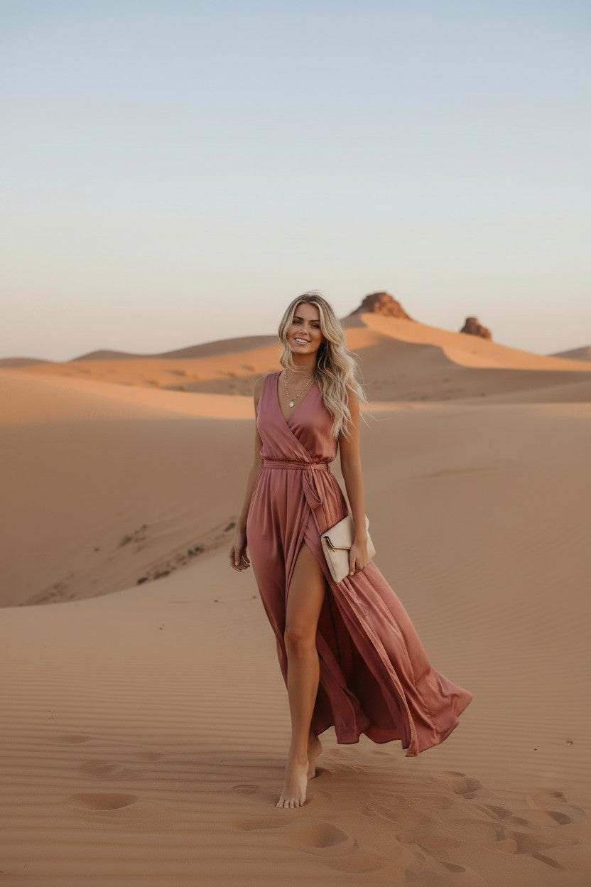 Edith | Satin Side-Split Tie-Waist Maxi Dress for Women