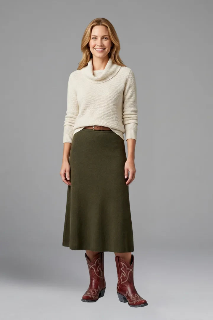 Woman wearing an ivory cowl-neck jumper, olive midi skirt and red embroidered ankle boots