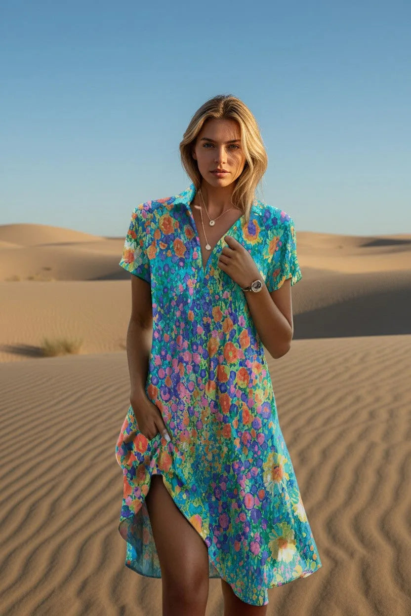Woman in turquoise floral midi shirt dress standing on desert dunes at sunset, front view.