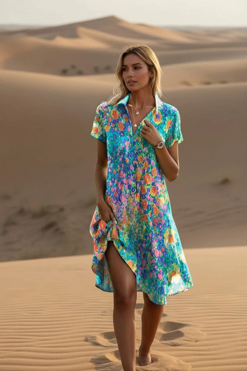Full-length front view of the floral collared dress showing side slit and short sleeves.