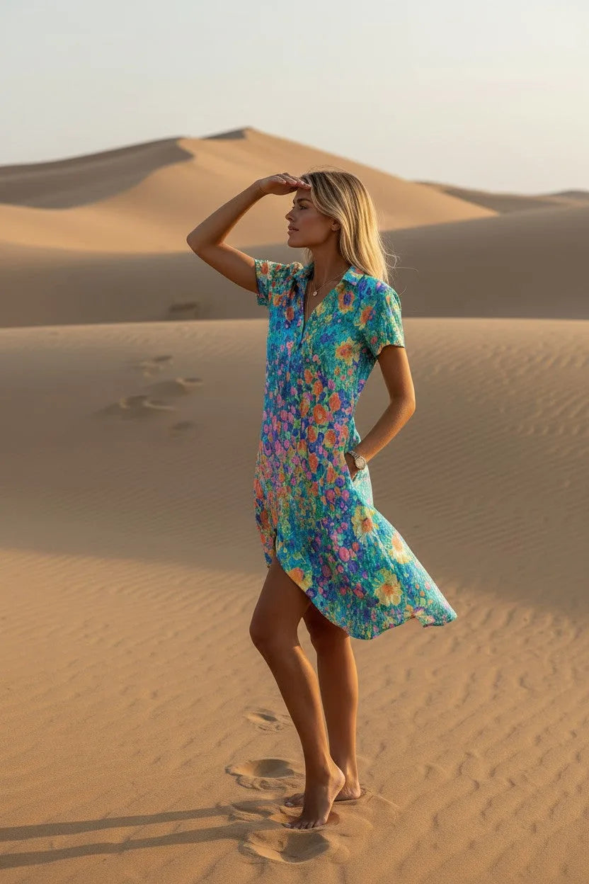 Side profile of the flowing floral midi dress caught in the wind against sand dunes.