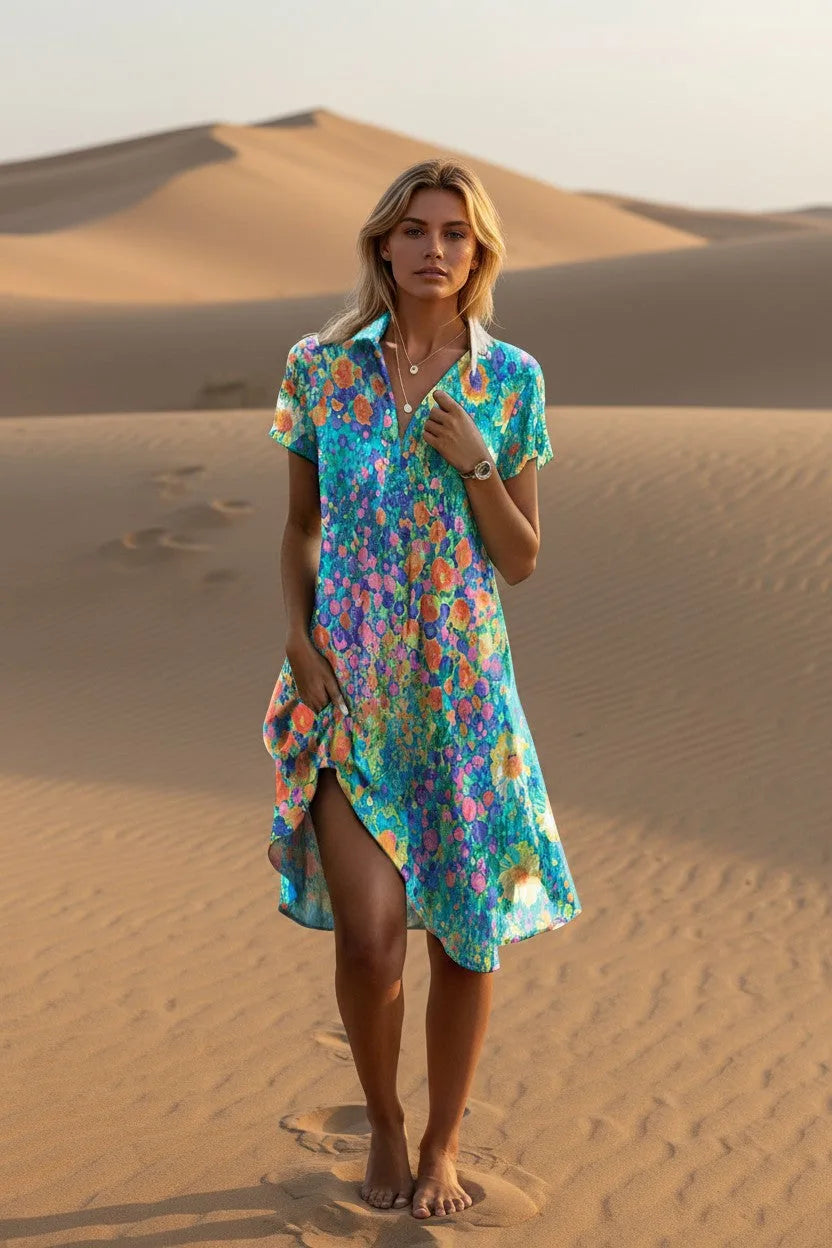 Close-up front view of the V-neck collar and colourful floral print fabric detail.