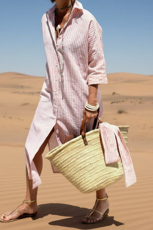 Freya | Striped Cotton Button-Front Midi Shirt Dress for Women