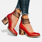 Red brown croc-embossed leather ankle boots with contrast buckle straps and stacked wooden-look block heel
