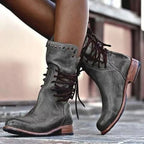 Grey leather lace-up boots worn on crossed legs, showing the round toe and low block heel from the side