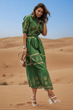 Maya | Boho Print Midi Dress with Self-Tie Waist for Women
