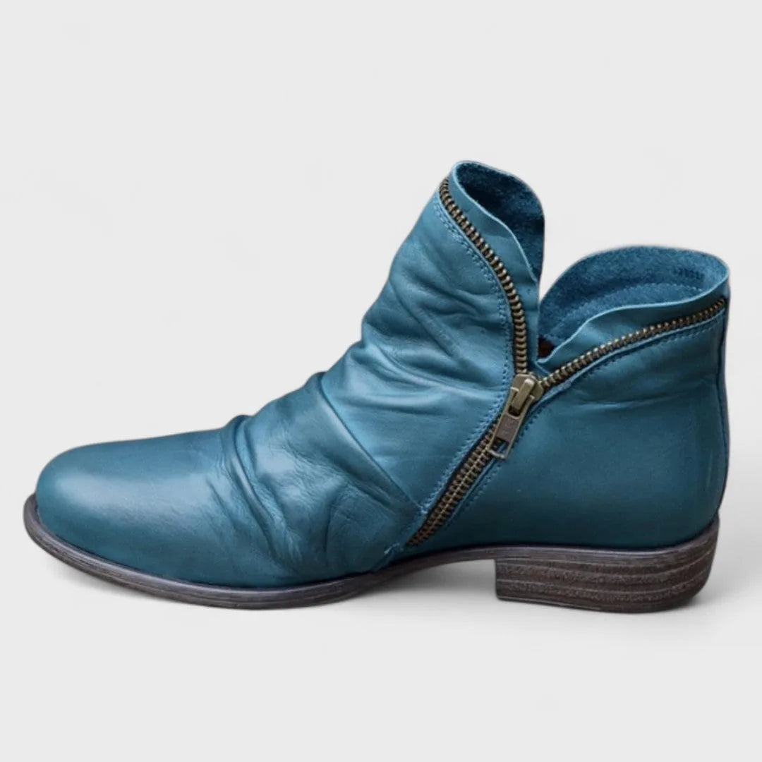 Teal blue leather ankle boot with slouchy folds, bronze-tone zip trim and stacked wooden heel