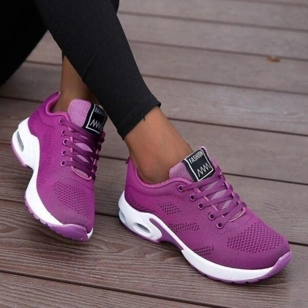 Rear angled view of purple ombre mesh trainers with white sole and Fashion branded heel tab