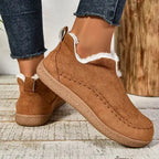 Brown suede ankle boot shown from the side with plush white fur collar and ribbed rubber sole