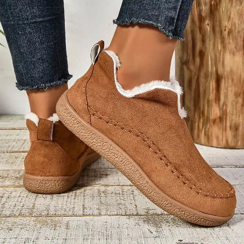 Brown suede ankle boot shown from the side with plush white fur collar and ribbed rubber sole