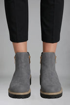 Close-up front view of grey ankle boots showing gold zip pulls and stitched tan trim on a black lug sole