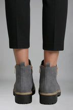 Back view of grey ankle boots highlighting the heel pull tabs and chunky ridged black outsole