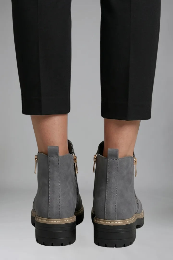 Back view of grey ankle boots highlighting the heel pull tabs and chunky ridged black outsole