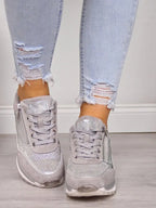 Taupe suede lace-up trainer with bronze metallic panel and crystal embellishment