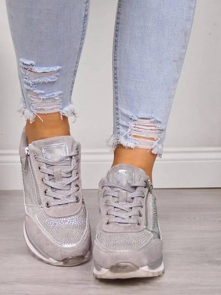 Taupe suede lace-up trainer with bronze metallic panel and crystal embellishment