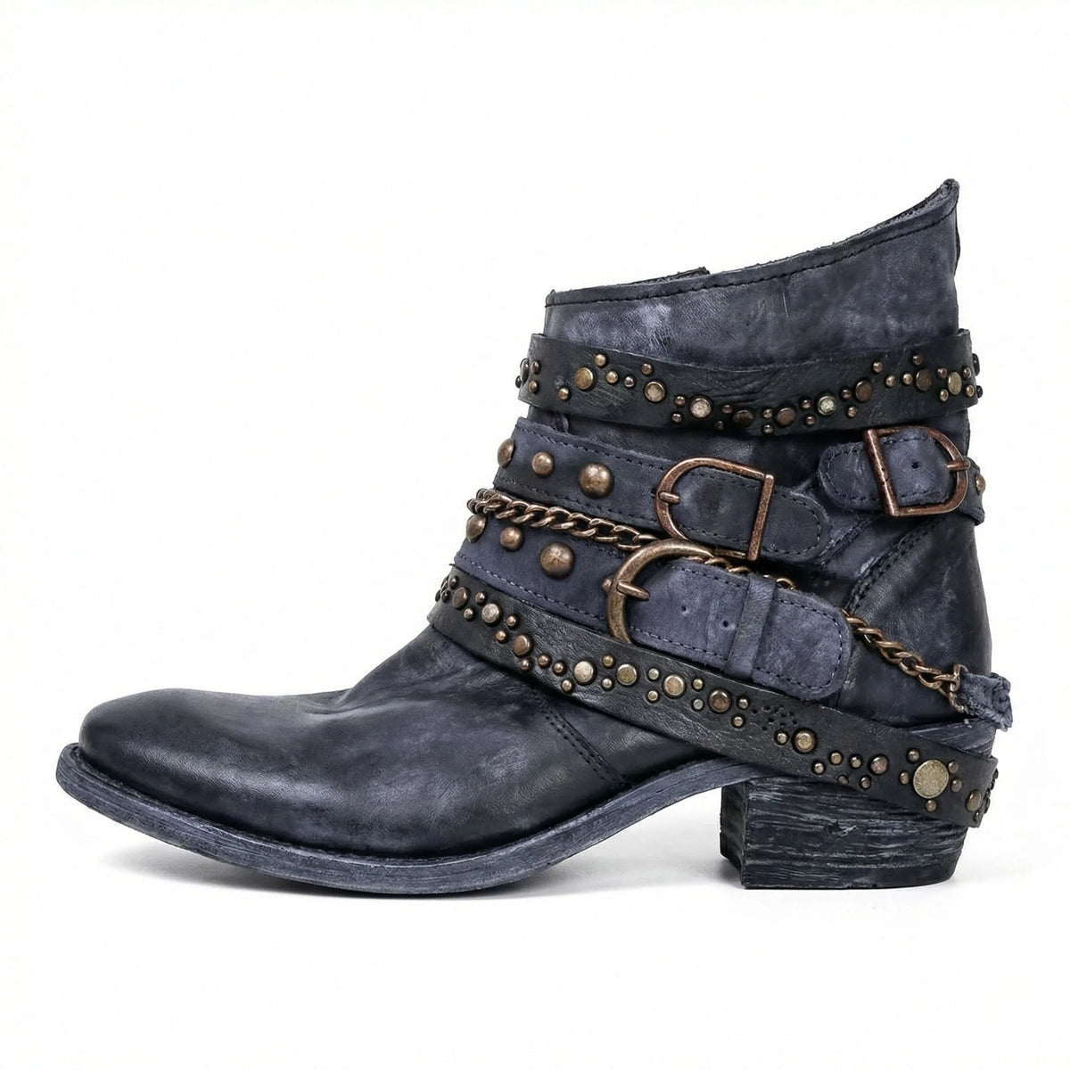 Side view of blue-grey distressed leather ankle boot with antiqued buckles, studs and chain trim
