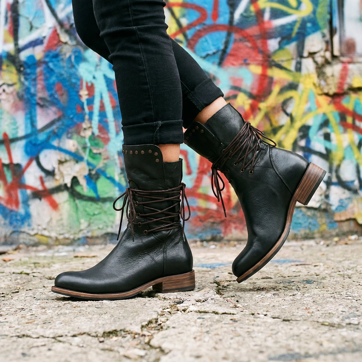 Studded Lace-Up Mid-Calf Leather Boots for Women image 19