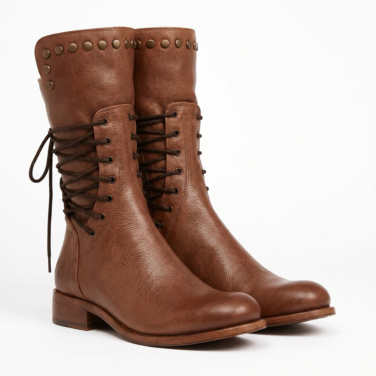 Pair of brown leather lace-up mid-calf boots standing together against a plain white background