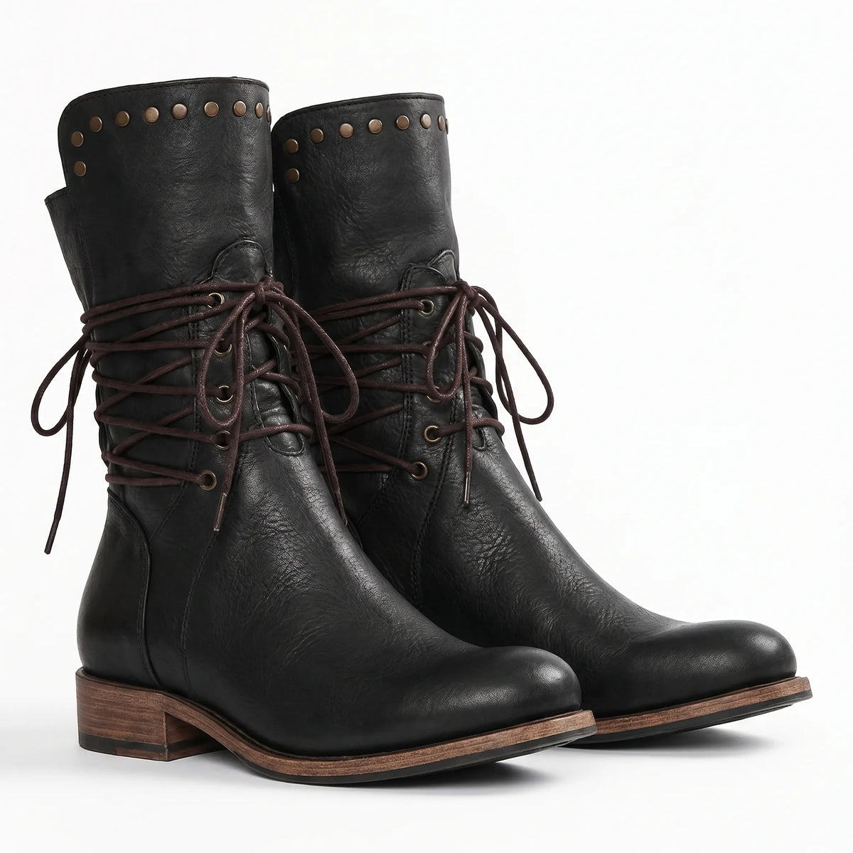 Pair of black leather lace-up mid-calf boots standing together against a plain white background