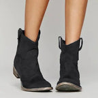 Black suede cowboy ankle boots with pull tabs and pointed toe, viewed from the front on bare legs.