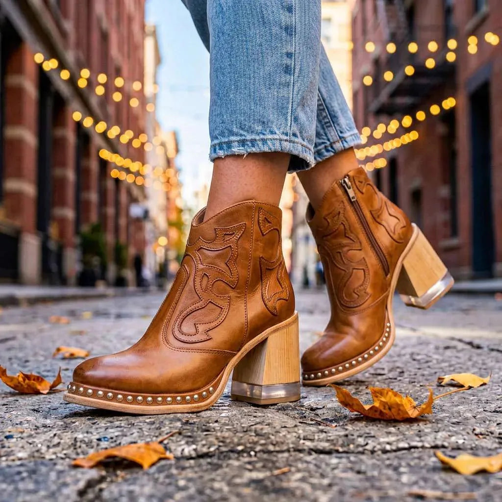 Close-up side view of tan leather western ankle boots with stitched overlay detail, worn with cropped jeans on a city street