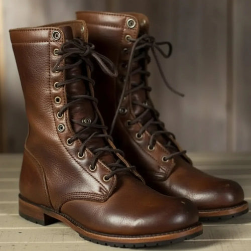 Side view of dark brown leather lace-up combat boots with round toe and stacked heel