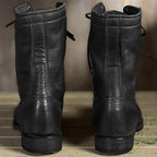 Back view of black leather combat boots showing heel construction and stitching