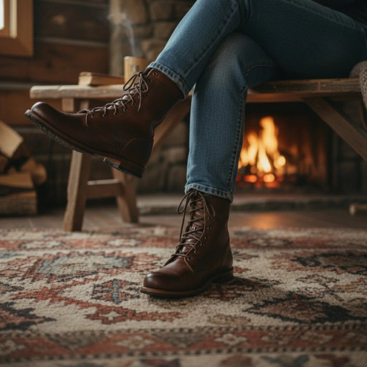 Woman wearing dark brown lace-up combat boots with jeans, seated by a fireplace