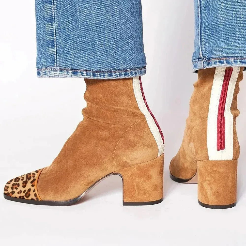 Tan suede ankle boots with leopard-print toe cap and ruched shaft, worn with cropped denim