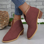 Rust red V-cut ankle boots with stacked wooden-style heel and gold chain anklet detail