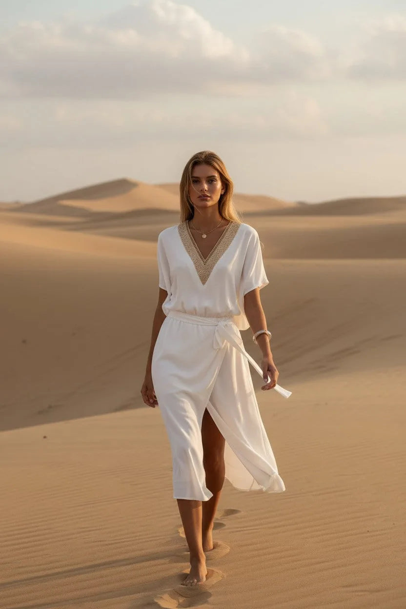 Front view of ivory wrap midi dress with tie belt and short sleeves, worn walking on sand.