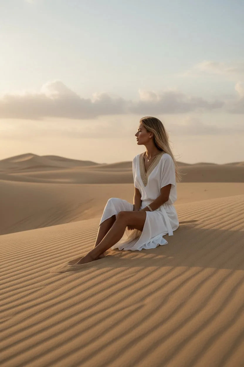 Side profile of woman seated on a dune wearing the ivory wrap midi dress, showing the front slit.