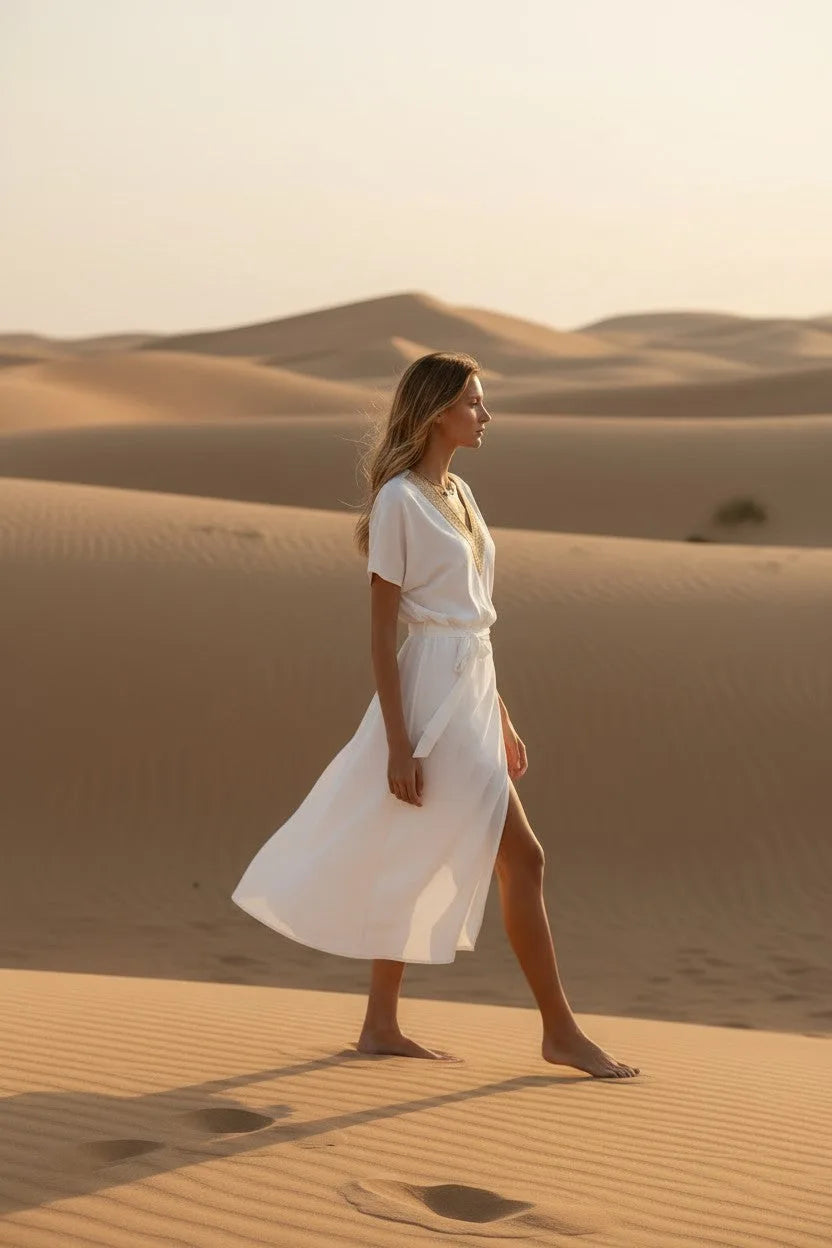 Woman walking barefoot across sand dunes in the flowing ivory wrap midi dress, side view.